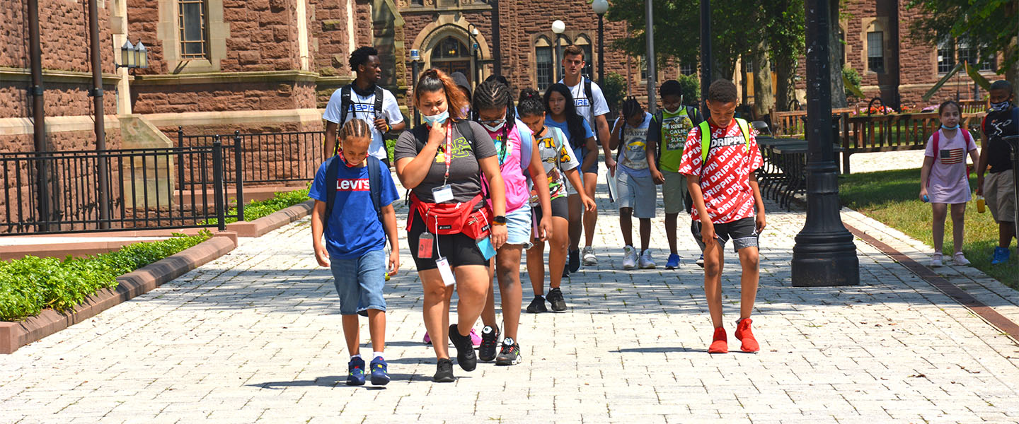 Students walking through campus